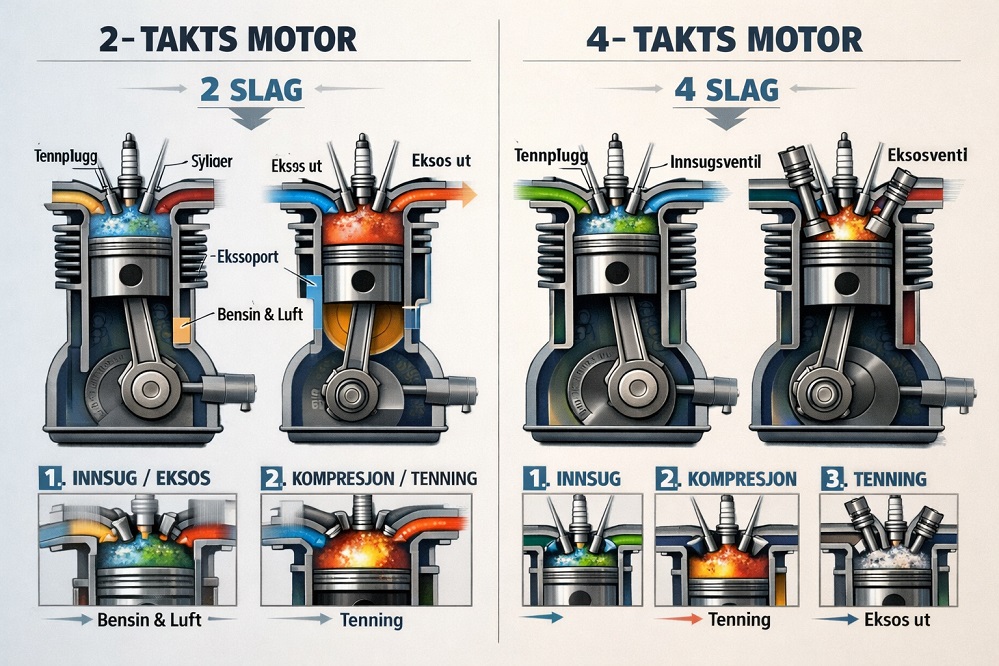 Hva er forskjellen p&aring; 2-takt og 4-takt motor?
